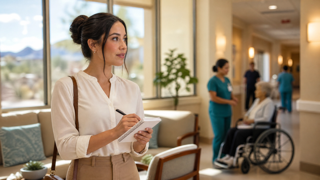 CNA candidate thoughtfully evaluating a facility's culture and staffing during a tour before accepting a job