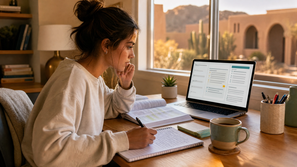 Nursing graduate reviewing an NCLEX practice question rationale carefully instead of racing through questions