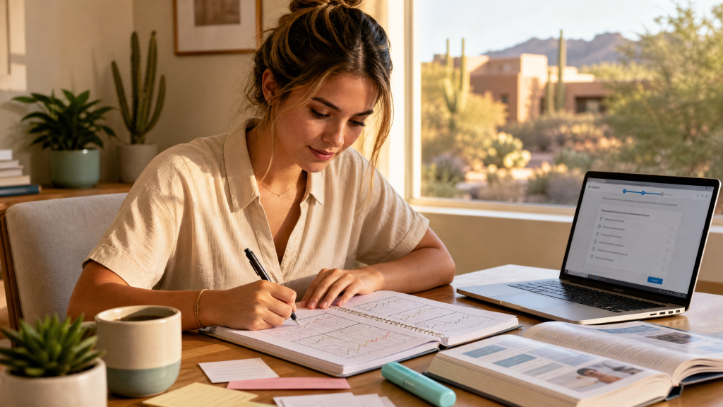 Arizona pre-nursing student methodically preparing for her HESI A2 entrance exam using a Gap Analysis study strategy