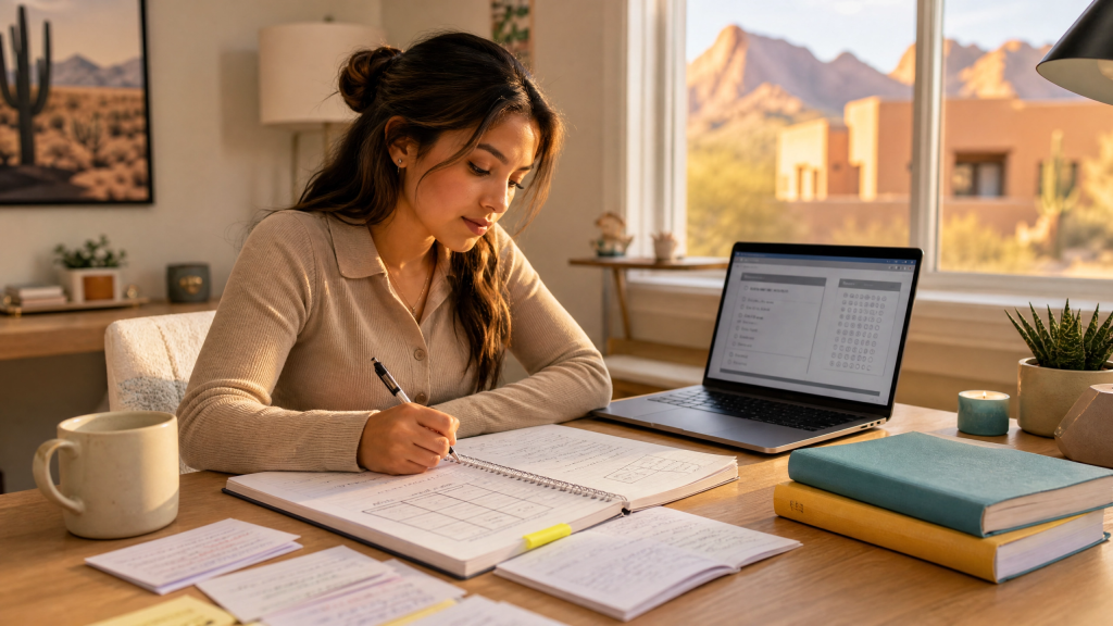 Arizona pre-nursing student comparing HESI and TEAS study materials as she prepares for her nursing school entrance exam