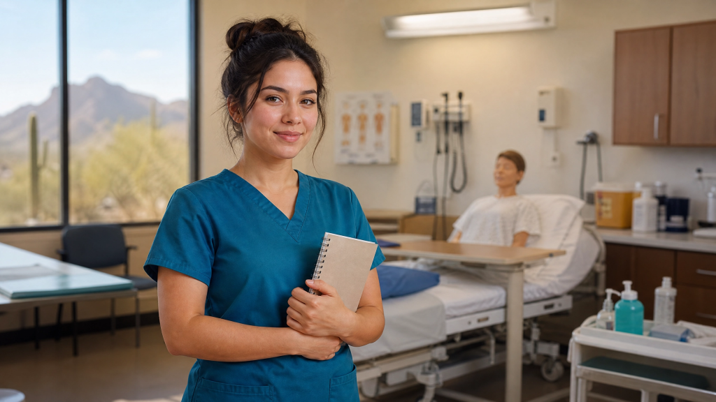 Aspiring Arizona CNA in scrubs at the start of her training, beginning a clear path into healthcare