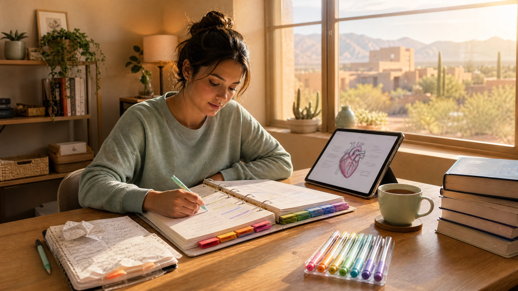 Nursing student with an organized body-system note binder and tablet, calm instead of overwhelmed by the note-taking firehose