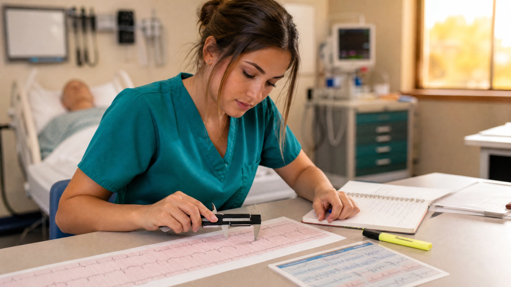 Nursing student methodically analyzing a cardiac rhythm strip with calipers using a systematic step-by-step approach