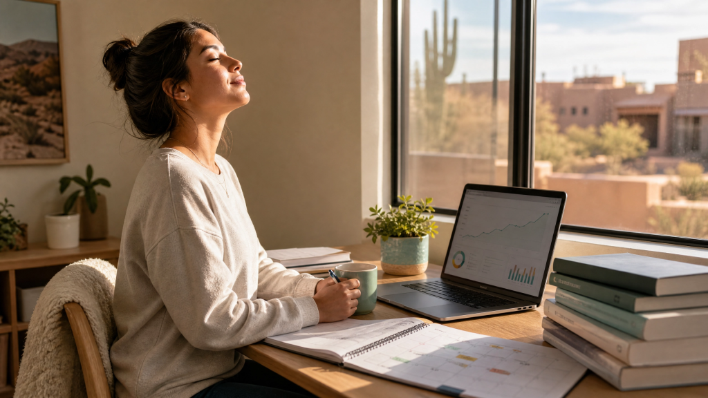 Nursing student staying calm and motivated with a study system instead of feeling overwhelmed by burnout