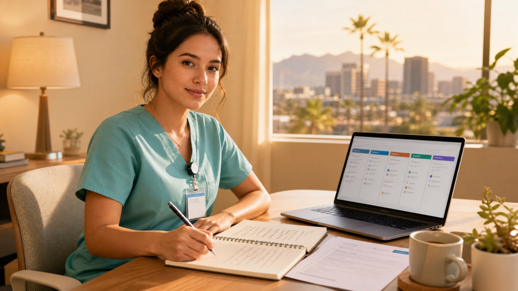 Newly licensed Phoenix nurse organizing her new grad RN job search with an application tracking system