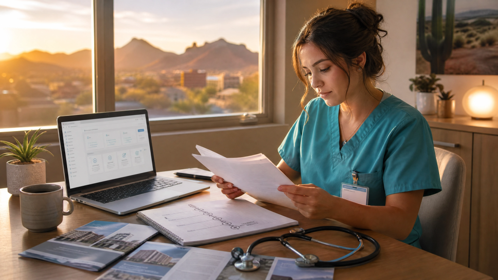 New graduate Arizona RN methodically preparing her first job search with residency program applications and licensing checklist