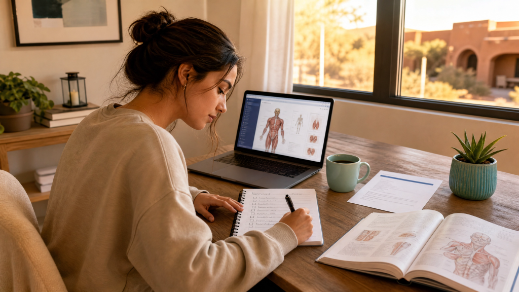 Aspiring Arizona nursing student taking a prerequisite course online while confirming her credits will transfer