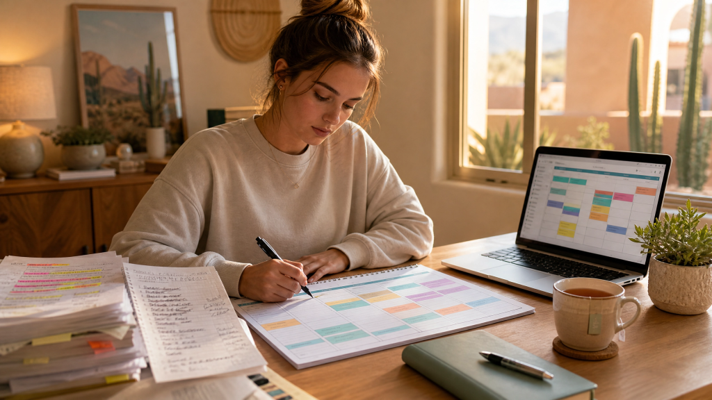Nursing student replacing a chaotic study pile with an organized time-blocked calendar to prevent burnout