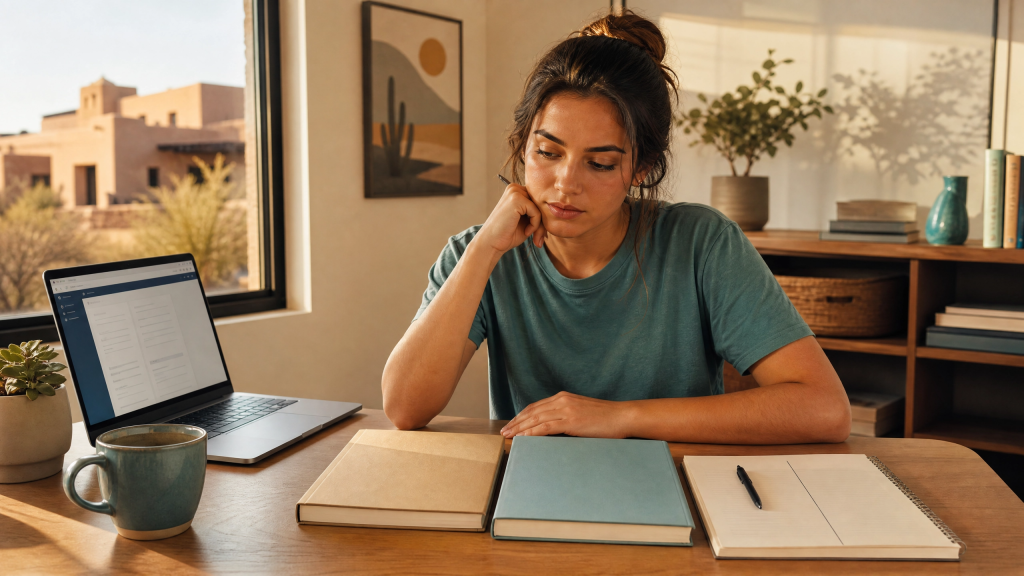 Pre-nursing student comparing two entrance exam study guides while checking which test her Arizona target schools require