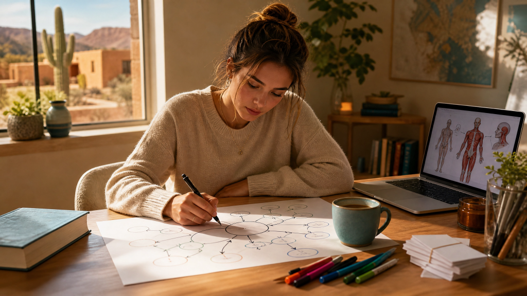 Nursing student building a concept map to understand pathophysiology through connections instead of memorizing flashcards