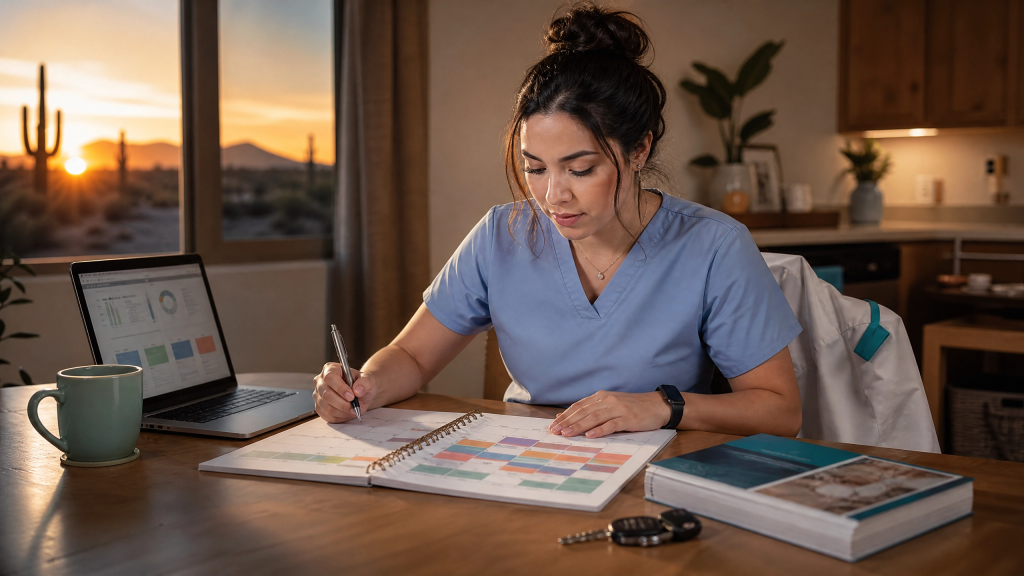 Arizona CNA student mapping her weekly calendar to balance class, clinical rotations, and work shifts